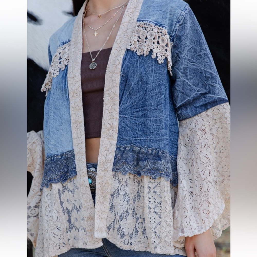 YTS8–Stunning Denim Crochet Lace Kimono